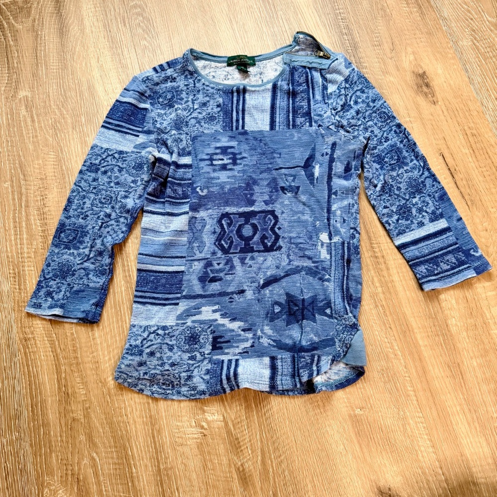 Lauren Ralph Lauren Geometric Patchwork Long Sleeve Top XS Blue Cotton